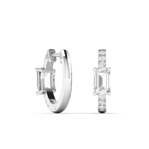 14 Karat Lab Grown Huggy Earrings with an Emerald Cut Center (.70 Total Carat Weight F+Color VS+Clarity)