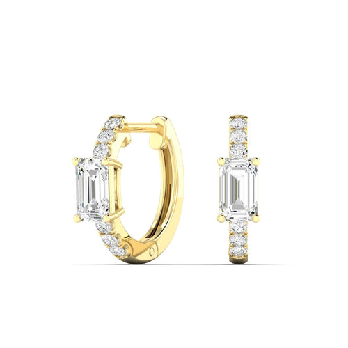 14 Karat Lab Grown Huggy Earrings with an Emerald Cut Center (.70 Total Carat Weight F+Color VS+Clarity)