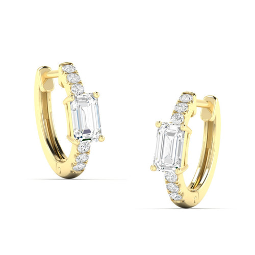 14 Karat Lab Grown Huggy Earrings with an Emerald Cut Center (.70 Total Carat Weight F+Color VS+Clarity)