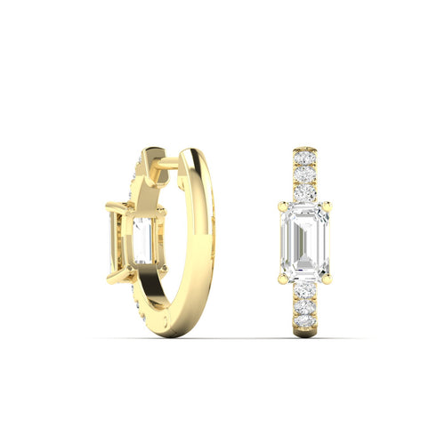 14 Karat Lab Grown Huggy Earrings with an Emerald Cut Center (.70 Total Carat Weight F+Color VS+Clarity)