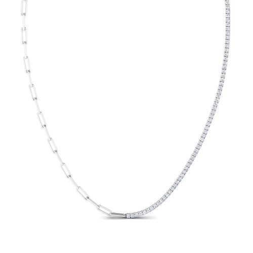 Half Tennis Lab Grown Diamond Necklace with Paper Clip Chain (4.00 Total Carat weight F+ Color VS+ Clarity)