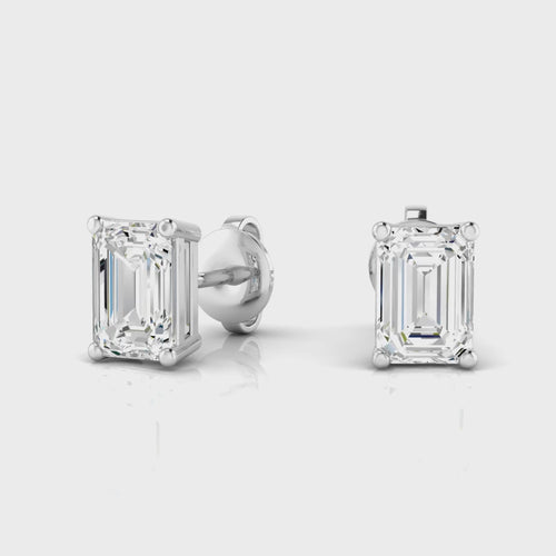 14 Karat Lab Grown Emerald-Cut 4 Prong Diamond Earrings( F+Color-VS+Clarity)