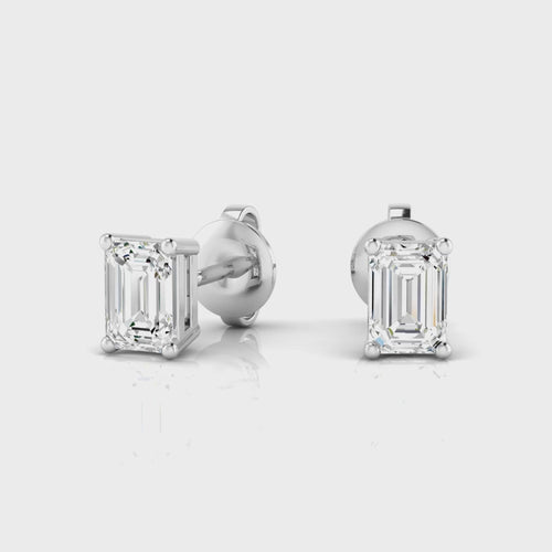 14 Karat Lab Grown Emerald-Cut 4 Prong Diamond Earrings( F+Color-VS+Clarity)