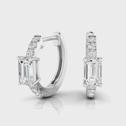 14 Karat Lab Grown Huggy Earrings with an Emerald Cut Center (.70 Total Carat Weight F+Color VS+Clarity)