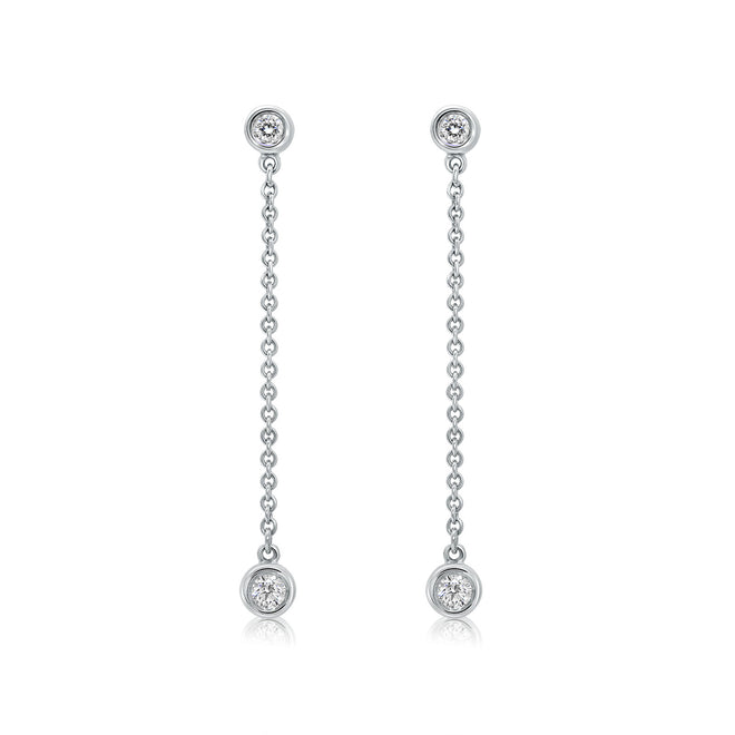 18 kt white gold bezel set diamond drop earrings