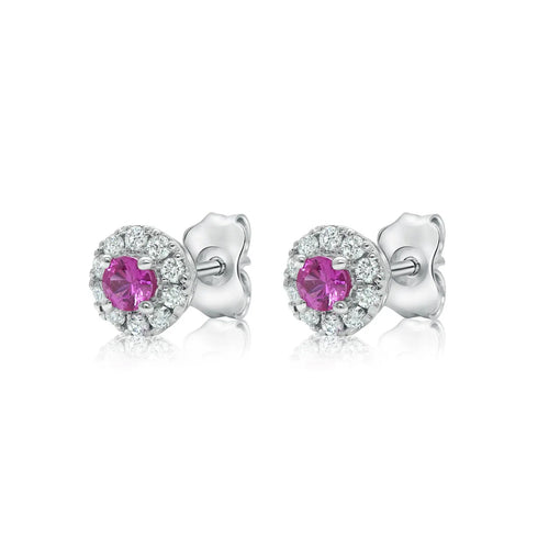 18 Karat White Gold Diamond and Pink Sapphire "Halo" Earrings - Paul Nudelman Jewellers