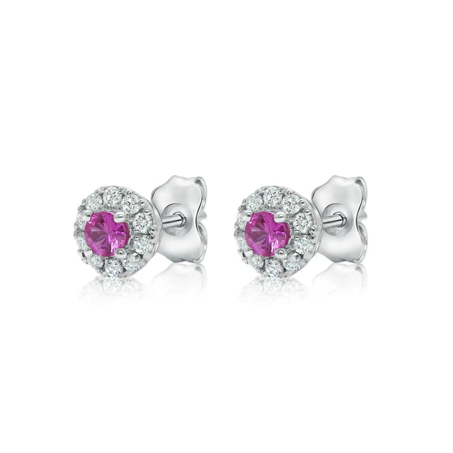 18 Karat White Gold Diamond and Pink Sapphire "Halo" Earrings - Paul Nudelman Jewellers
