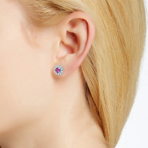 18 Karat White Gold Diamond and Pink Sapphire "Halo" Earrings - Paul Nudelman Jewellers