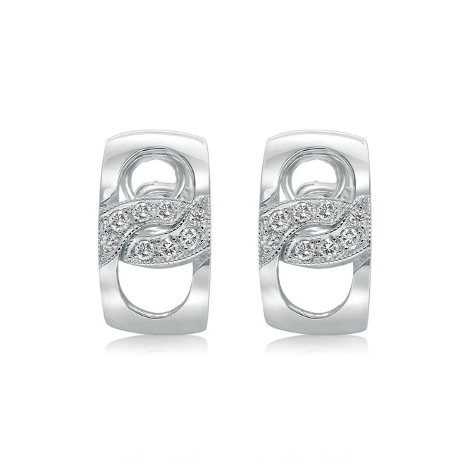 Classic "Link" style earring in 14 kt white gold,paveé set with milgrain details