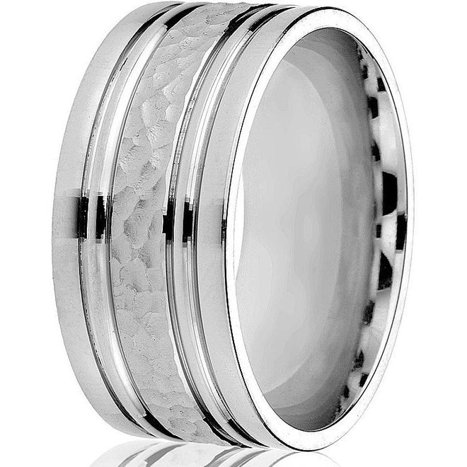 Bold, wide engraved and textured 8 m.m. comfort fit wedding band in 14k white gold.