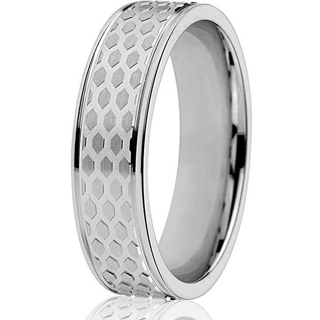 Unique "honeycomb" design in this 14k white gold 6mm comfort fit wedding band.