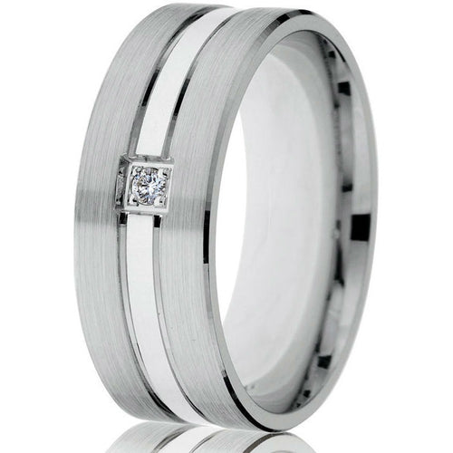 Three-strip sectional wedding band with diamond in white gold