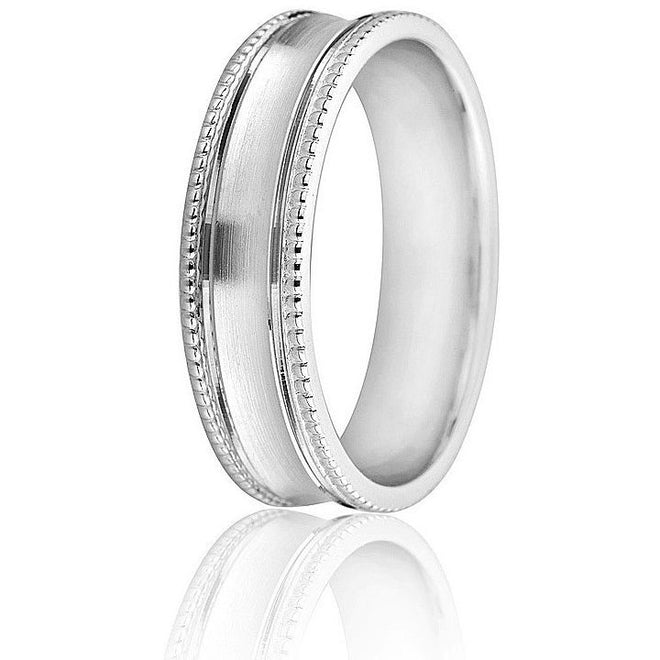 Wedding ring with milgrain edge and a satin finish convex center in 6mm 10k white gold.