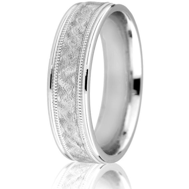Contemporary "swirl" abstract design wedding band with milgrain detail shiny edge
