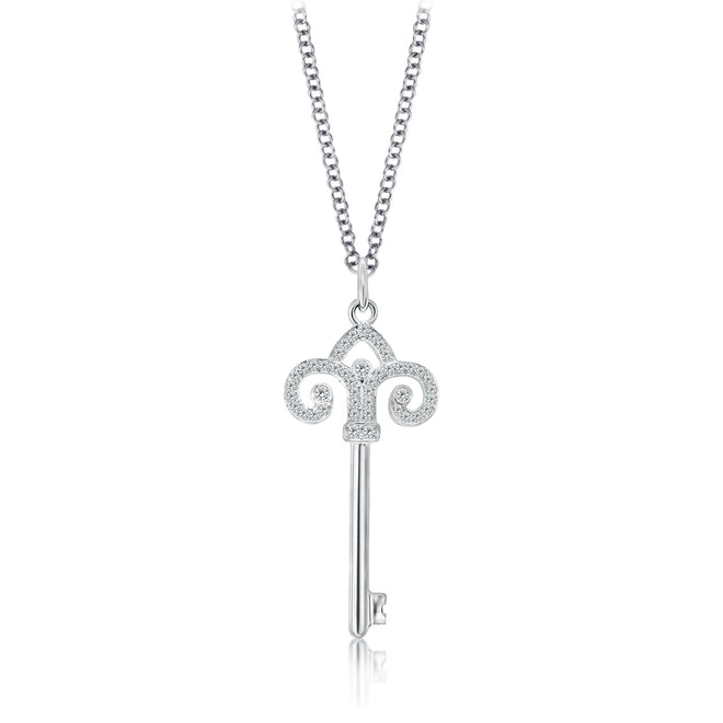 Fleur-de-lis diamond key pendant (half-set) in 14k white gold set with 44 round natural diamonds weighing approximately 0.44 points.