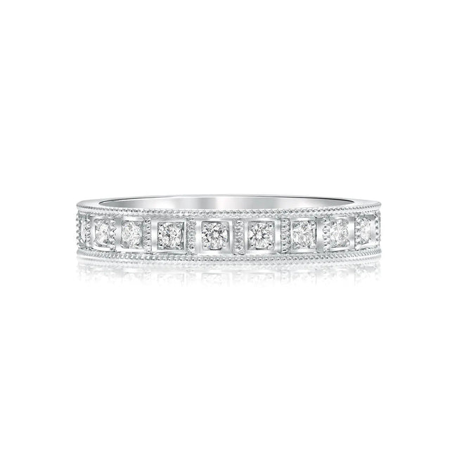 White gold diamond wedding band - modern vintage style in 14k white gold