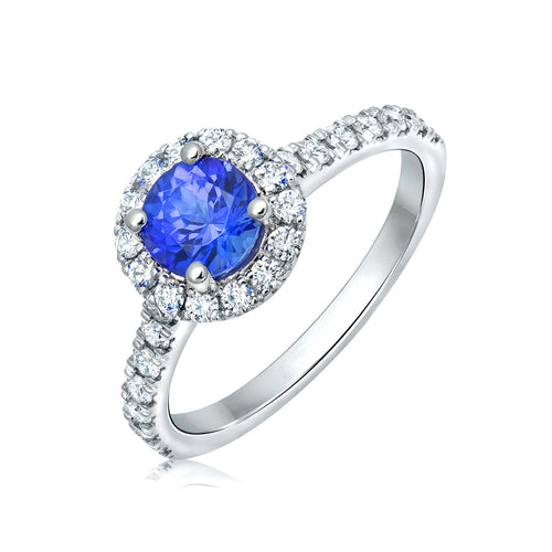 Diamond and tanzanite halo ring