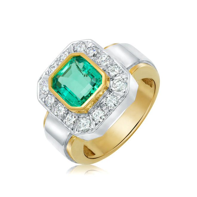 Rectangular emerald and diamond ring in 18k two-tone gold