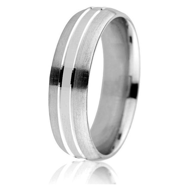 Domed wedding band with bright defined engraved grooves in 14k white gold with comfort fit in 6mm.