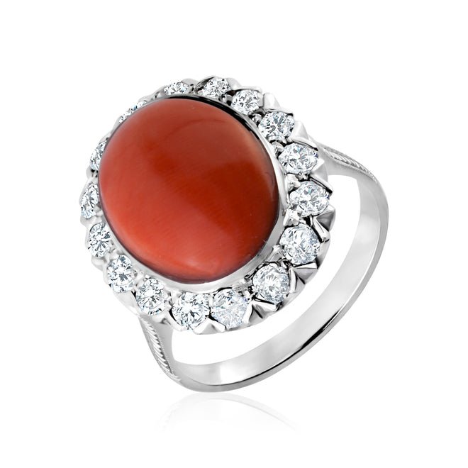 Estate 18 Karat White Gold Diamond and Coral Ring