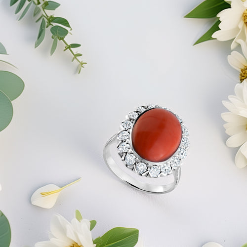 Estate 18 Karat White Gold Diamond and Coral Ring