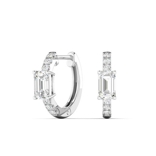 14 Karat Lab Grown Huggy Earrings with an Emerald Cut Center (.70 Total Carat Weight F+Color VS+Clarity)