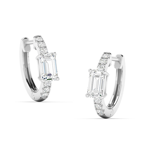 14 Karat Lab Grown Huggy Earrings with an Emerald Cut Center (.70 Total Carat Weight F+Color VS+Clarity)