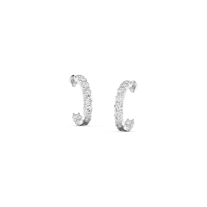 Pair of 14K white gold lab-grown diamond hoops, 4.00 carats total weight, angled view.