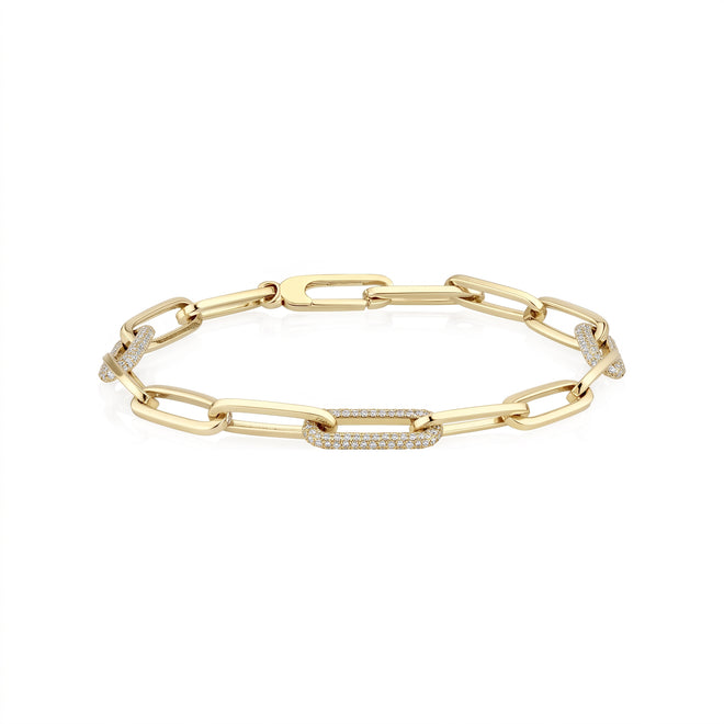 14 Karat Yellow and White Gold Paper Clip Bracelet set with Diamonds