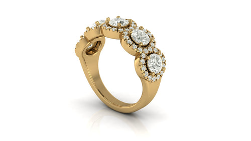 14 Karat Yellow Gold Five Stone Round Lab Grown Diamond Halo Ring ( 2.30 Carats Total Weight F- Color- VS Clarity)