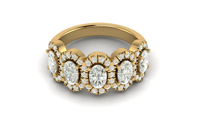 14 Karat Yellow Gold Five-Stone Oval Lab Grown Diamond Halo Ring (2.30 Carats Total Weight F color -Clarity VS)