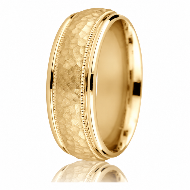 14K yellow gold 6mm hammered wedding band with milgrain detail and rounded edges.