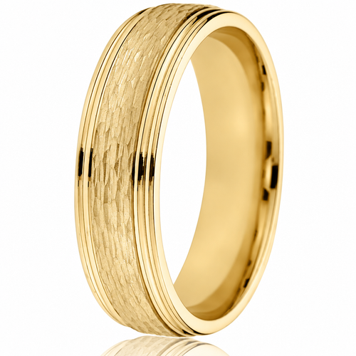 6mm 14K yellow gold wedding band with textured centre and bright engraved edge