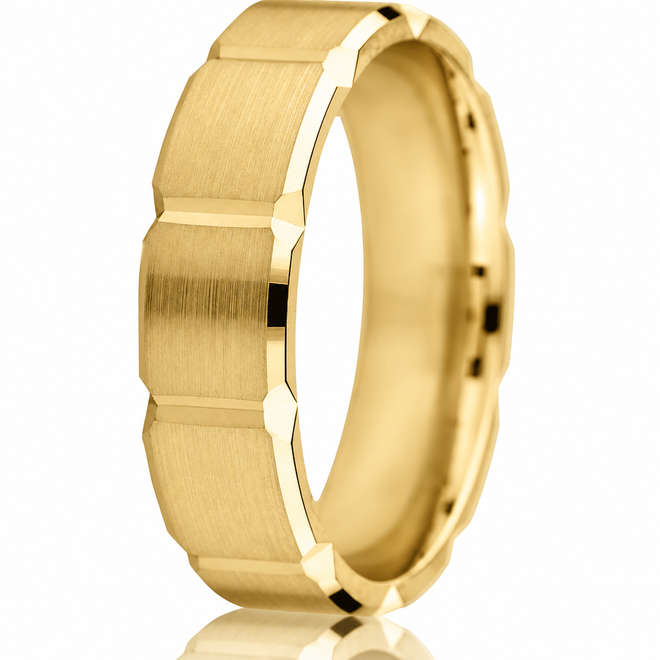 6mm 14K yellow gold sectional wedding band with satin-finish rectangular panels and engraved divisions