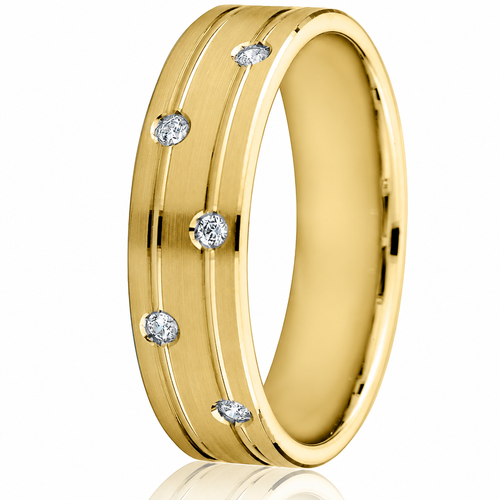6mm 14K yellow gold wedding band with five flush-set natural diamonds, satin-finish top and two engraved lines