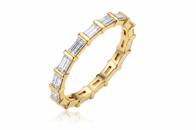 14K yellow gold lab-grown emerald cut diamond wedding band, 1.70 TCW, F+ colour, VS+ clarity — Paul Nudelman Jewellers