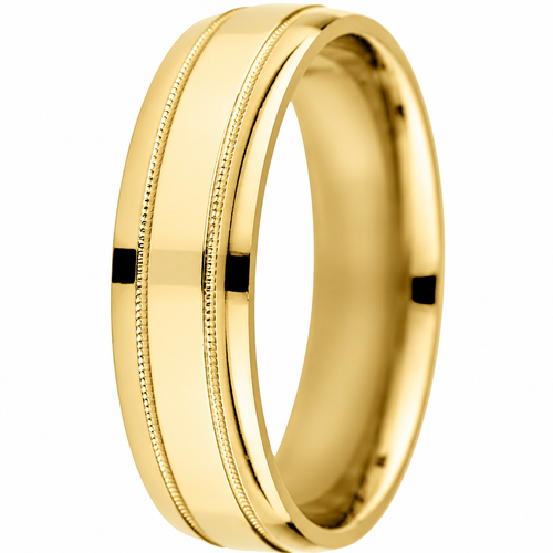 14K yellow-gold 6mm comfort-fit wedding band with bright border and milgrain details