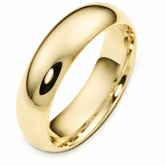 14K yellow gold classic domed wedding band, 6mm, Paul Nudelman Jewellers