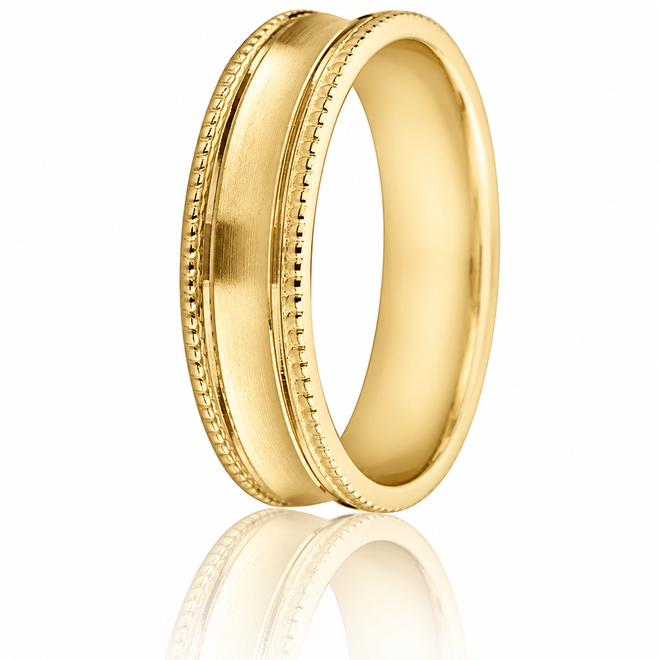 Wedding ring with a milgrain edge and a satin-finish convex center in 6mm, 14 K yellow gold.