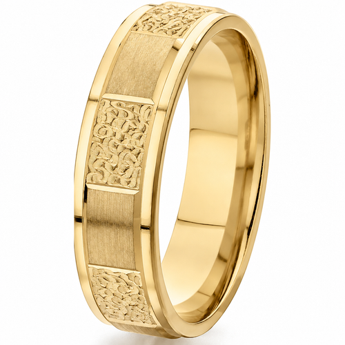 14K yellow gold 6mm comfort-fit wedding band with alternating engraved and satin-finish sections