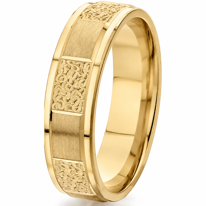 14K yellow gold 6mm comfort-fit wedding band with alternating engraved and satin-finish sections