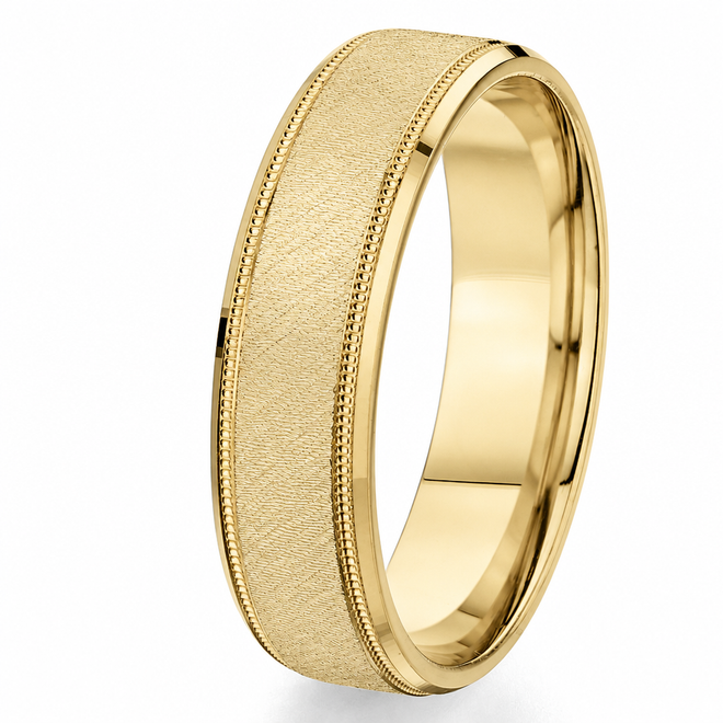10K yellow-gold 6mm comfort-fit wedding band with a brushed centre, beveled bright edges, and milgrain detail.