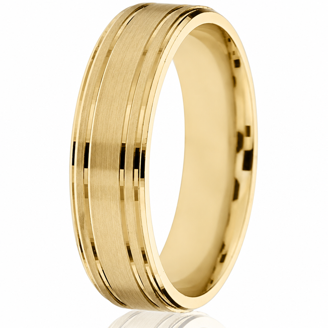 14K yellow gold satin-finish engraved wedding band, 6mm, Paul Nudelman Jewellers