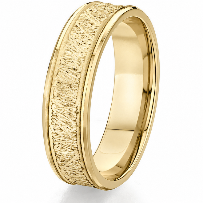 14K yellow gold engraved wedding band, 6mm, Paul Nudelman Jewellers