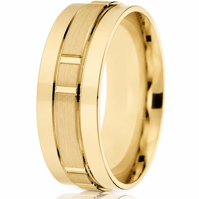 8mm 10K yellow gold comfort-fit wedding band with offset sectional engraving.