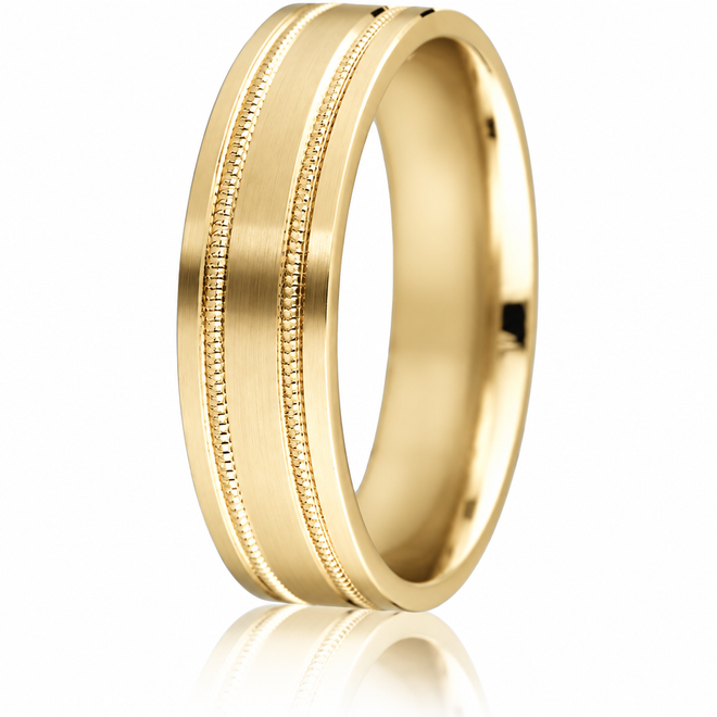 10K yellow gold 6mm comfort-fit wedding band with milgrain detail and a satin-finish centre.