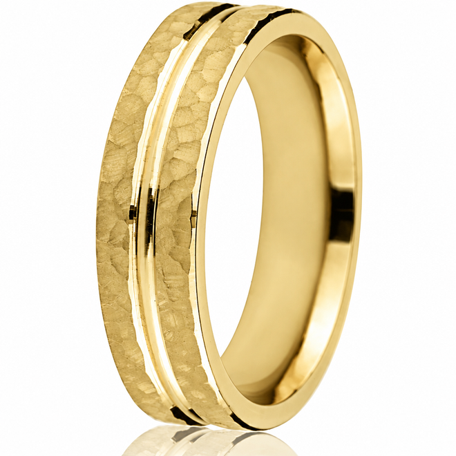6mm 14K yellow gold wedding band with hammered texture and bright-cut engraved line