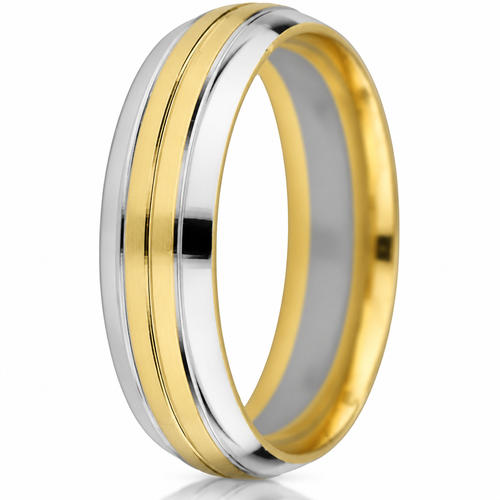 14K two-tone white and yellow gold 6mm comfort-fit wedding band with engraved line in the yellow-gold centre section