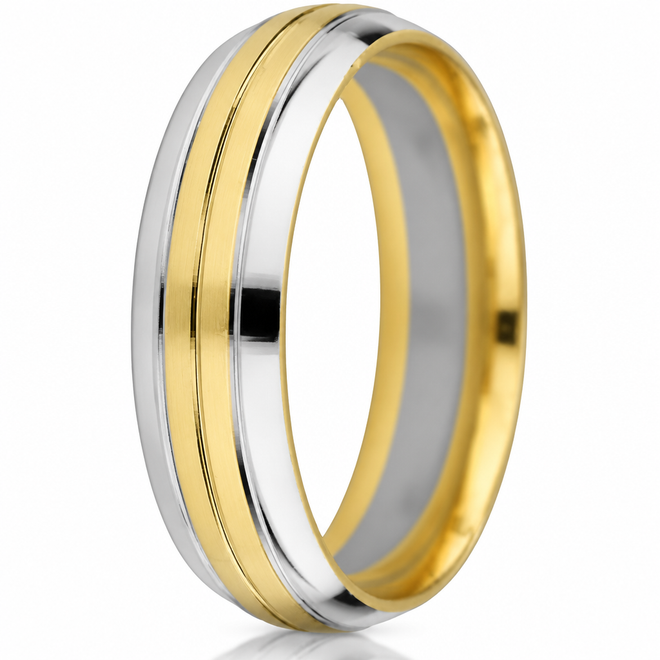 14K two-tone white and yellow gold 6mm comfort-fit wedding band with engraved line in the yellow-gold centre section