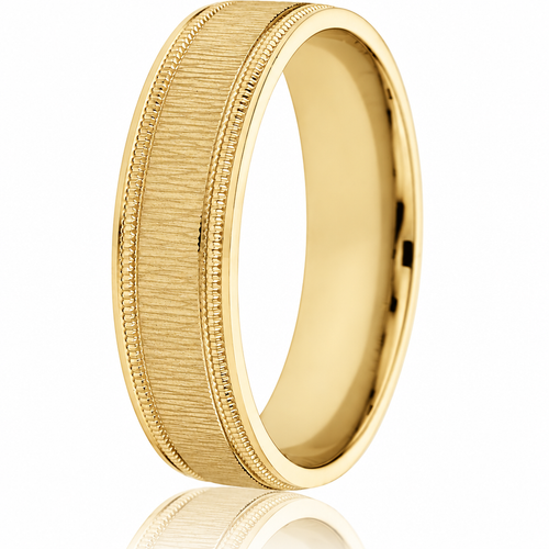 6mm 14K yellow gold wedding band with bamboo-textured centre, bright-cut edges and beaded detail